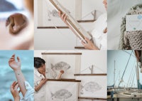 a collage of photos of a woman working on a boat